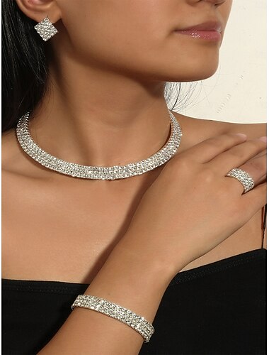  set di gioielli da donna composto da 4 pezzi con strass: collana scintillante, orecchini, braccialetto e anello per balli da sala, cocktail party ed eventi formali