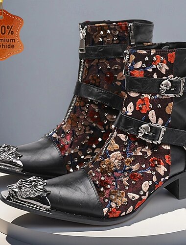  Men's Black Floral Embroidered Ankle Boots – Genuine Leather Western Cowboy Style with Buckle Straps for Parties, Stage Performances and Nightlife