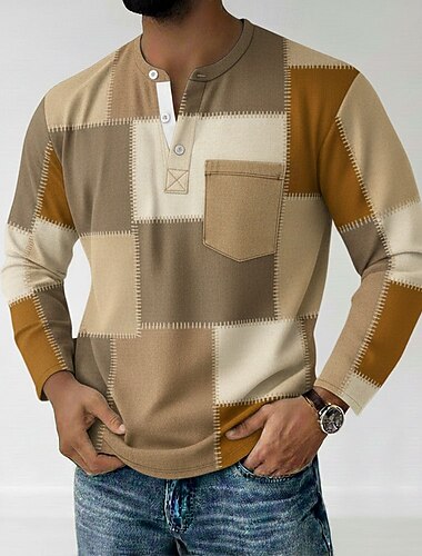  Муж. Пэчворк Рубашка Хенли футболка футболка Длинный рукав Ретро На каждый день Повседневные Весна Осень Все сезоны Синий Серый Зеленый Хаки Хенли Футболка Хенли