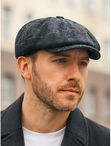  Herre vintage fiskebensfarget avisboycaps – klassisk tweed flat eføyhatt, retro gatsby-stil beret for fritidsbruk og utendørsfester