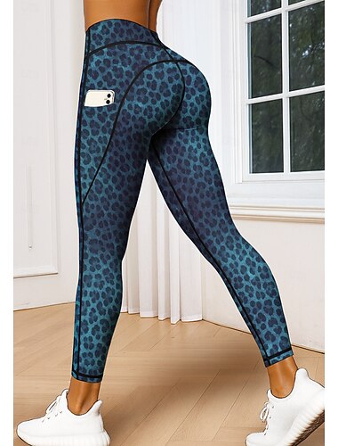  leggings femininas para pilates, calças fitness, leggings de academia, bolsos com imposto de selo, bolsos laterais, pilates, academia, calças de ginástica, leggings coloridas, estampa de leopardo, azul escuro, roupas esportivas elásticas