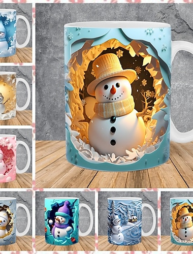  Kubek na prezent świąteczny 3D bałwanek 12 uncji, uroczy ceramiczny kubek na kawę, świąteczny kubek na gorącą czekoladę na zimę, na imprezę świąteczną, do biura, do wystroju domu, kolekcjonerski