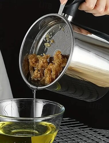  Rozsdamentes acél zsírtároló kannával, szűrővel – 47,34 unciás olajtartály fedéllel, biztonságos kiöntőcsőrrel és fogantyúval, konyhai eszköz a főzés során használt zsír szűréséhez és tárolásához