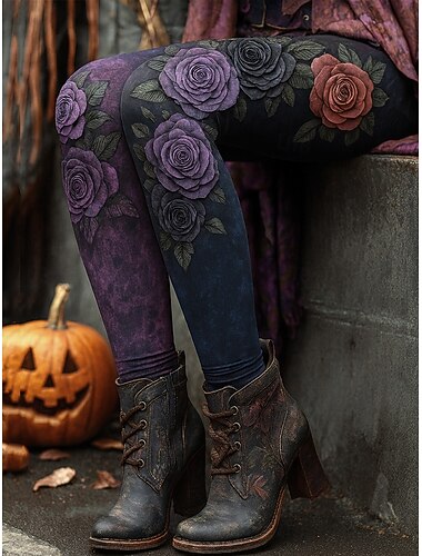  نسائي طماق العطلة عتيق موضة مكتمل الطول خصر عالي ورد الرسم ورق طبع الدفء ناعم متنفس قابل للبسط عطلة شارع أصفر أرضي بنفسجي غامق أخضر رمادي الربيع الخريف الشتاء ضيق