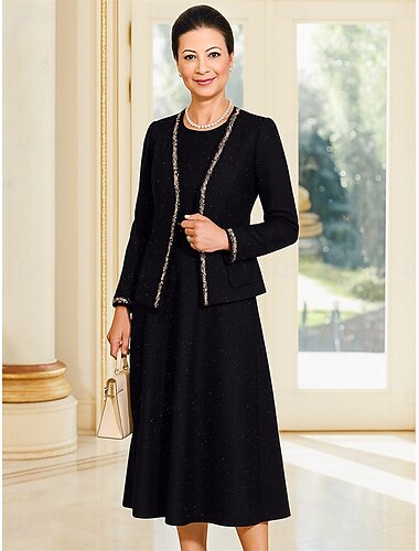  Todelt Dress dress Kjole til brudens mor Formell Elegant Skreddersydd Crew-hals Te-lengde Ull Langermet Korte jakke skjørt med Belte / bånd
