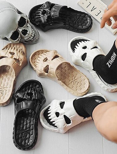  Chaussons à bande unique avec motif tête de mort pour Halloween, semelle épaisse antidérapante en EVA, pantoufles d'intérieur souples pour salle de bain pour hommes