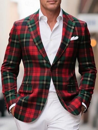  Herren Blazer Mantel Outdoor Lässig Alltagstauglich Britisch Herbst Winter 100% Polyester Karomuster 3D-Druck Knöpfe Thermowarm Bequem Einreihig Blazer Rote