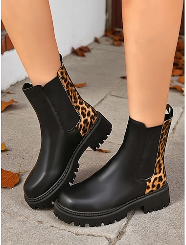  Schwarze Chelsea-Stiefel für Damen mit Leopardenmuster-Detail – modische Stiefeletten für die Freizeit im Herbst und Winter