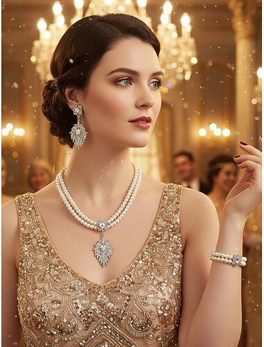  Conjunto de joias de pérolas femininas com detalhes em flores de cristal - colar, brincos e pulseira vintage estilo Gatsby para festas e coquetéis dos anos 1920