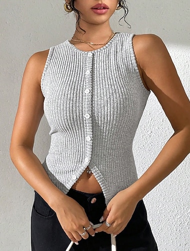 Damen Pullover Pullunder Streetwear Lässig Einfarbig Gerippt Rundhalsausschnitt Knöpfe Gestrickt Ärmellos Normale Oberteile Stricken Ferien Ausgehen Wochenende Hellgrau Sommer Frühling   Damen Pullover Pullunder Streetwear Lässig Einfarbig Gerippt Rundhalsausschnitt Knöpfe Gestrickt Ärmellos Normale Oberteile Stricken Ferien Ausgehen Wochenende Hellgrau Sommer Frühling