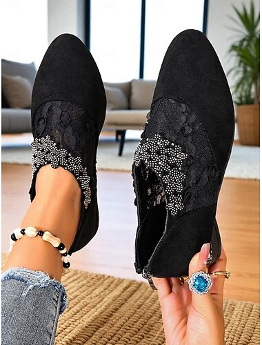  Dámské černé semišové nazouvací boty s krajkou a kamínky - elegantní obuv na nízkém podpatku pro dámy, ideální pro ležérní outfity, večerní párty &kancelářské oblečení