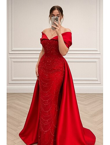  Schlauchkleid Bodenlang Perlenbestickt Abendkleid Kleid der Brautmutter Abendkleid Ballkleid mit Überrock Festliche Kleidung Elegant Glitzernd seidig Kurzarm Schulterfrei Hochzeit Formell Abnehmbar
