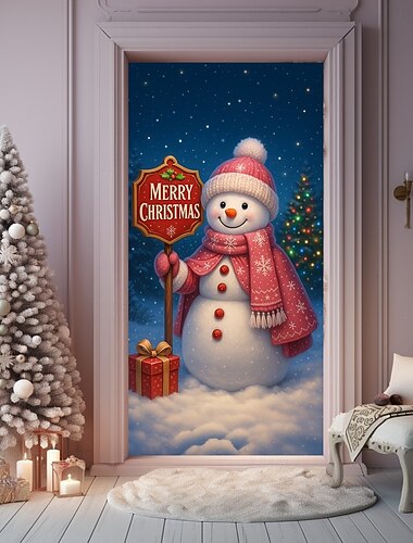 クリスマスドアカバー、ギフトと雪の背景を持つ可愛い雪だるまのホリデーバックドロップドアカーテン、2025年クリスマスパーティーとホームの冬のデコレーションのために