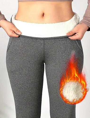  Mulheres leggings forradas de lã chinês Leggings Casual Comprimento total Cintura Média Tecido Bolsos Cintura elástica Manter Quente Confortável Com Stretch Ao ar livre Férias Diário Cinzento Claro