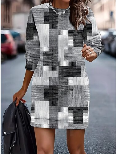  Dames blauw Groen Grijs Herfst Winter Mini-jurk Hemdjurk Vakantie Casual Buiten Vakantie Huis Normale pasvorm Geometrisch Ruitjes Kleurenblok Strakke ronde hals