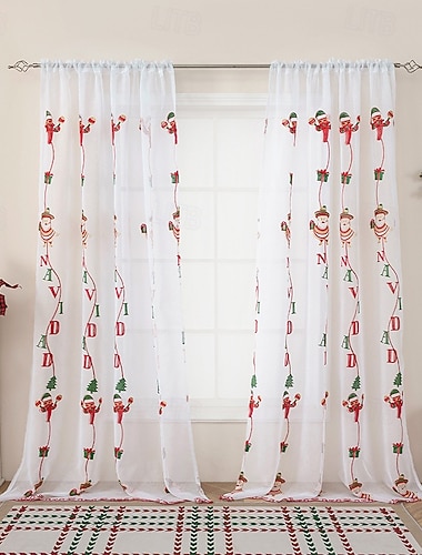  וילון חג המולד בסגנון אמריקאי חדש, וילונות שקופים רקומים של סנטה קלאוס, טיפול חלון מלבני האפלה, קישוט הבית מבד גמור