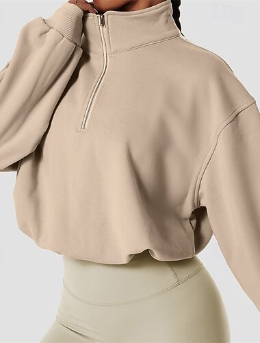  Damen Pullover Sweatshirts Sweatshirts mit Reißverschluss Einfach Sport Mode Lässig Langarm Hoher Ausschnitt Normale Oberteile Straße Alltagskleidung Lässig Reißverschluss Khaki Herbst Winter