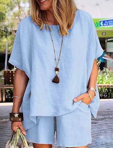  Жен. Мода Удобная обувь Мягкий Комплекты, вдохновленные льном Комплекты из двух предметов С короткими рукавами Краткое Пант Вырез под горло Чистый цвет Карман Эластичная талия Отпуск Дом Повседневные