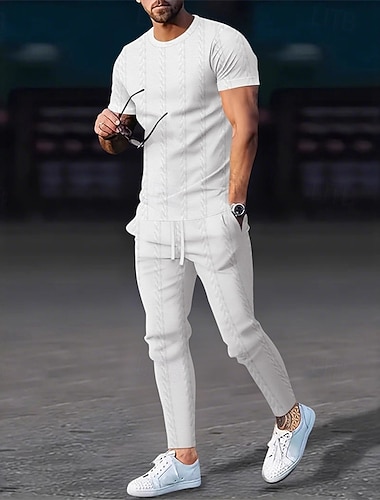  Miesten T-paita Paidat ja housut setit 2 kpl asuja Lyhythihainen Pyöreäkauluksinen Kesä Kevät Tavallinen Muoti Vapaa-aika Jakardi 2-osainen Loma Arki-asut Bile Musta Valkoinen Khaki Top T-paita