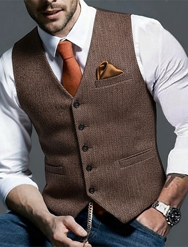  Per uomo Gilet in tweed Gilet Formale Matrimonio Vacanza Quotidiano Vintage Moda Primavera Autunno Tasca Bottoni Poliestere Confortevole Spina di Pesce Monopetto Scollo a V Bavero Vestibilità aderente