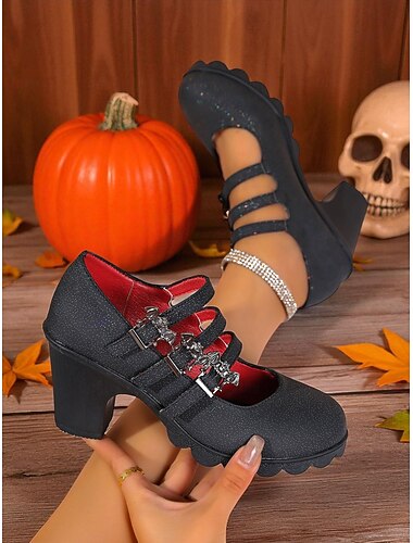  Mary Jane pumps met dikke hak voor dames voor Halloween – gotische zwarte feestschoenen met vleermuisgesp voor kostuums, avondjes uit en cosplay