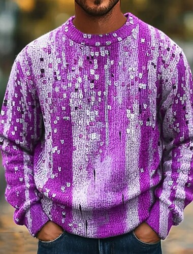  Herre Fargeblokk Pullover genser Strikketøy Crewneck Fritid Feriereise Gate Daglig 3D-utskrift Strikking Hold Varm Langermet Vår Høst Vinter Blå Grønn Ametyst