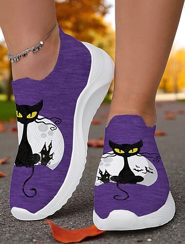  scarpe da ginnastica Flyknit viola da donna – scarpe da passeggio leggere con stampa di gatto nero di Halloween per abbigliamento casual all'aperto