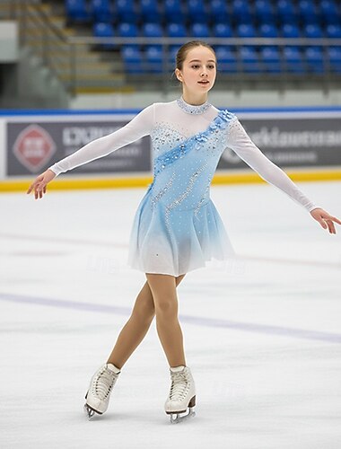  Robe de patinage artistique Femmes Fille Patinage Robe Bleu Ciel Ourlet asymétrique Maille Haute Élasticité Entraînement Compétition Tenue de Patinage Classique cristal pailleté manche longue