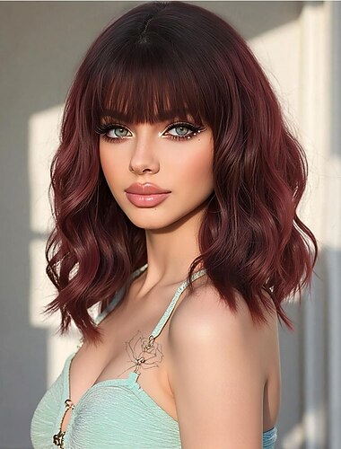  synteettinen polkkatukkaperuukki otsatukalla naisille viininpunainen synteettinen lämmönkestävä löysä kihara laineikas peruukki lyhyt viininpunainen liimaton polkkatukka arkityyli