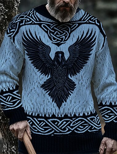  Herre Dyr Ørn Viking Pullover genser Strikketøy Crewneck Retro / vintage Fritid Feriereise Gate Daglig 3D-utskrift Strikking Hold Varm Langermet Vår Høst Vinter Hvit Blå Lilla