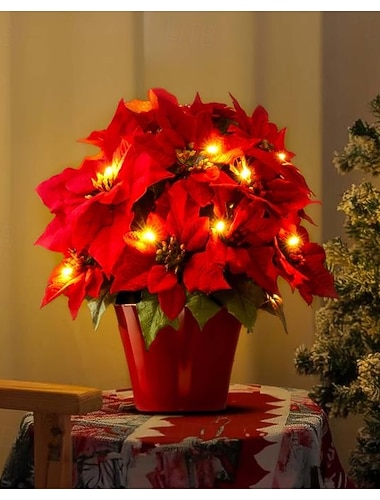  Fleurs de poinsettia à LED, plantes de poinsettias artificielles, arrangements de faux poinsettias intérieurs et extérieurs, décoration de fleurs de poinsettia de Noël, cadeau de Noël