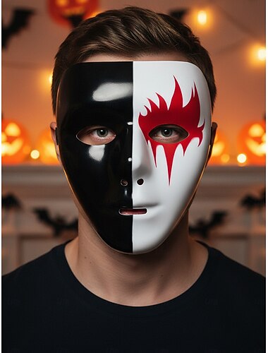  Pánská halloweenská polomaska - černobílý kostým fantoma s motivem červeného plamene na párty a cosplay