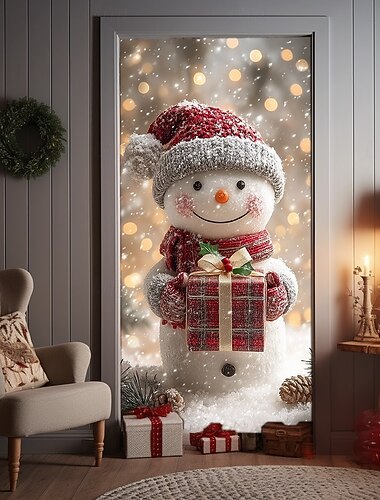 غطاء باب عيد الميلاد رجل الثلج الظريف مع خلفية غابة شتوية ستارة باب لحفلة عيد الميلاد 2025 تزيين مدخل احتفالي داخلي وخارجي للمنزل