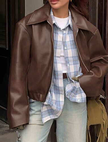  Γυναικεία Jeci Piele Μπουφάν Biker Διατηρείτε Ζεστό Άνετο Φερμουάρ Μοντέρνα Ρετρό Καρό ΕΞΩΤΕΡΙΚΟΥ ΧΩΡΟΥ Αργίες Εξόδου Σαββατοκύριακο Κανονικό Απορρίπτω Χαλαρή Εφαρμογή Μακρυμάνικο Εξωτερικά ενδύματα