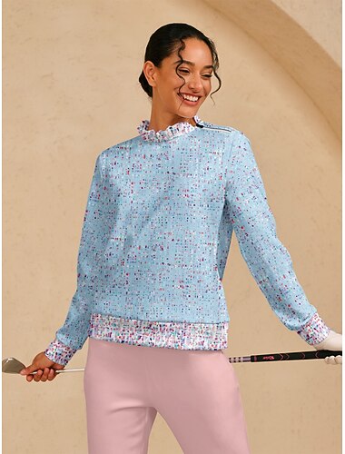  Mulheres Moletom Azul Manga Longa Blusas Roupas femininas de golfe, roupas, roupas, roupas