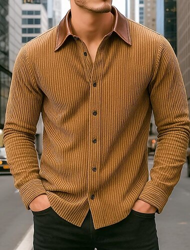 Herren Cordhemd Schwarz Marineblau Braun Grau Langarm Gestreift Umlegekragen Schule Training Knöpfe Bekleidung Vintage Lässig