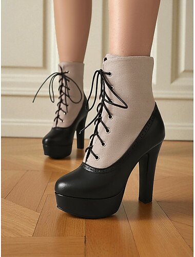  bordeauxrode enkellaarsjes met veter en hoge hak voor dames – vintage brogue-stijl platformlaarsjes met canvas paneel voor feest- en herfstmode