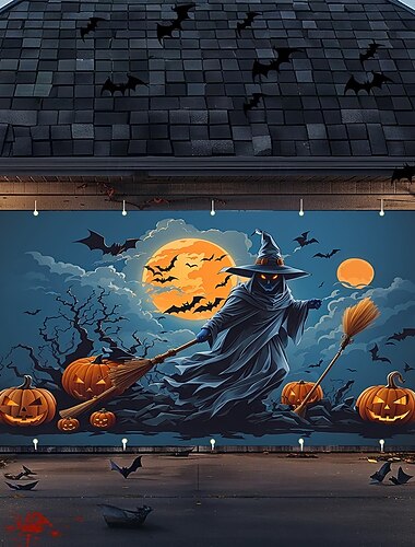  Halloween Copertura per porta del garage Grande appeso Zucca Strega Gotico punk oscuro Da serata All'aperto Sfondi di ripresa Yarda Casa infestata Arredamento per la casa