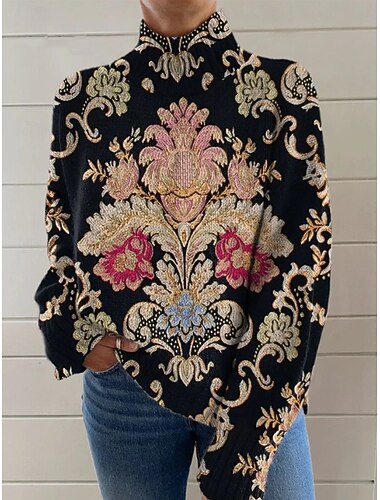  Mujer Pulóveres Cárdigan Vacaciones Vintage Diario Floral Graphic Cuello Barco Estampado Manga Larga Tops regulares Tejer Hogar Fin de semana Negro Rosa Otoño Invierno