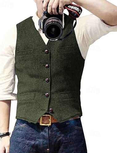  Herren Weste Gilet Urlaub Party Geschäft Mode Lässig Frühling Herbst Tasche Knöpfe Polyester Bequem Einfarbig Einreihig Ein-Knopf V Ausschnitt Normale Passform Silber Schwarz Champagner Wein Weste
