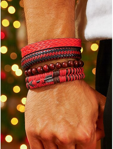  Sett med perlearmbånd i skinn for menn – flerlags vevde retro armbåndsmykker for uformell stil og julegave