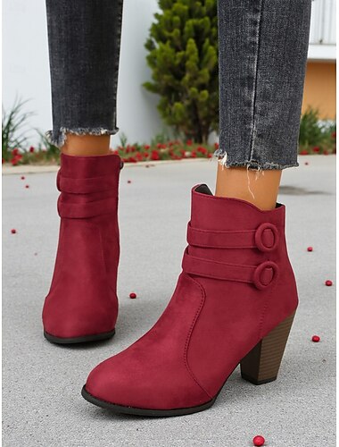  női bordó bokacsizma – művelúr blokksarkú, cipzáras csizma pántos díszítéssel hétköznapi viseletre és őszi szettekhez