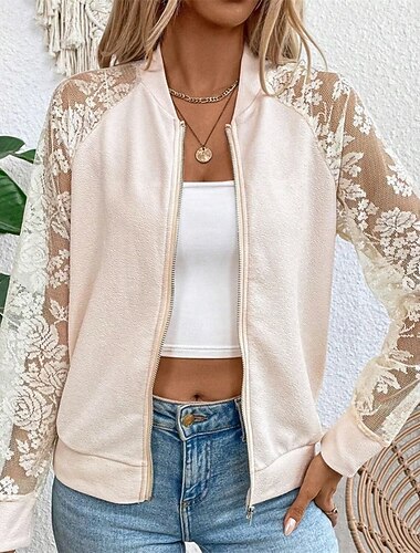  Mulheres Blusão Jaqueta casual Confortável Respirável Renda Zíper Bolsos Moda Moderno Casual Floral Para Noite Final de semana Zíper Padrão Colarinho Chinês Normal Manga Longa agasalhos Preto Branco