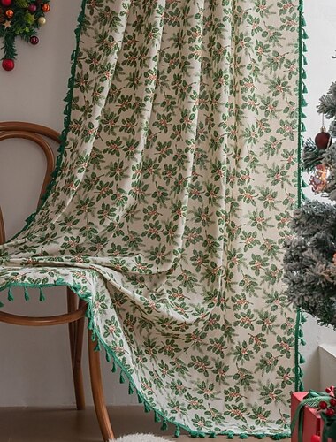  緑のクリスマスホイルヒイラギの葉のカーテン、キッチン、出窓、バルコニー用の半遮光ロッドポケットウィンドウドレープ
