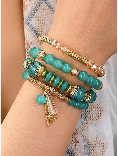  Conjunto de pulseras de cuentas de cristal sintético para mujer con detalles dorados, brazaletes elásticos en capas bohemios, joyería para fiestas, bodas y uso diario.