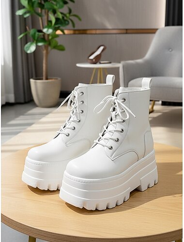  Women's White Platform Lace-Up Ankle Boots with Height Increasing Sole -Trendy Chunky Heel Fashion Boots for Casual and Streetwear