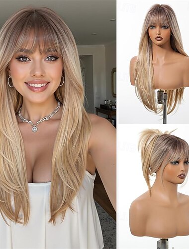  pitkät vaaleat suorat peruukit otsatukalla pitkät ombre-vaaleat synteettiset kerrostetut peruukit naisille päivittäiseen käyttöön 26 tuumaa