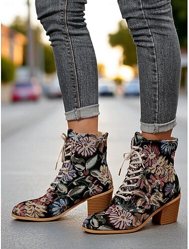  Dames enkellaarsjes met bloemenprint en blokhak, warme schoenen in retro-stijl met wandtapijt voor feestjes en casual outfits