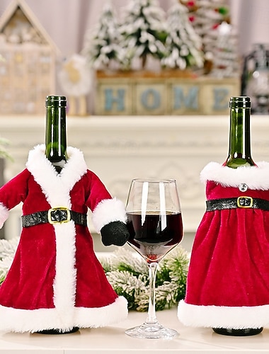  2 kpl jouluviinipullon suojuksia luova joulupukin mekon hameasukoristeena, juhlava punaviinipussi juhlapöytään &kodin sisustus