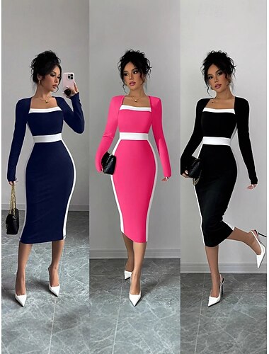  Per donna Abito Midi Tubino Casual Ferie Uscire Vestibilità regolare A righe Manica Lunga Collo quadrato Nero Fucsia Blu scuro Primavera Autunno Inverno